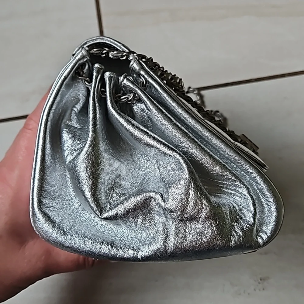 CHANEL Metallic Silver Mini Bag Chain Strap Turnlock w/Card - Picture 4 of 14